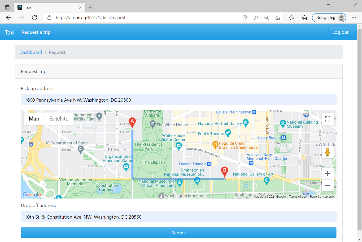 Showing requested route on map.